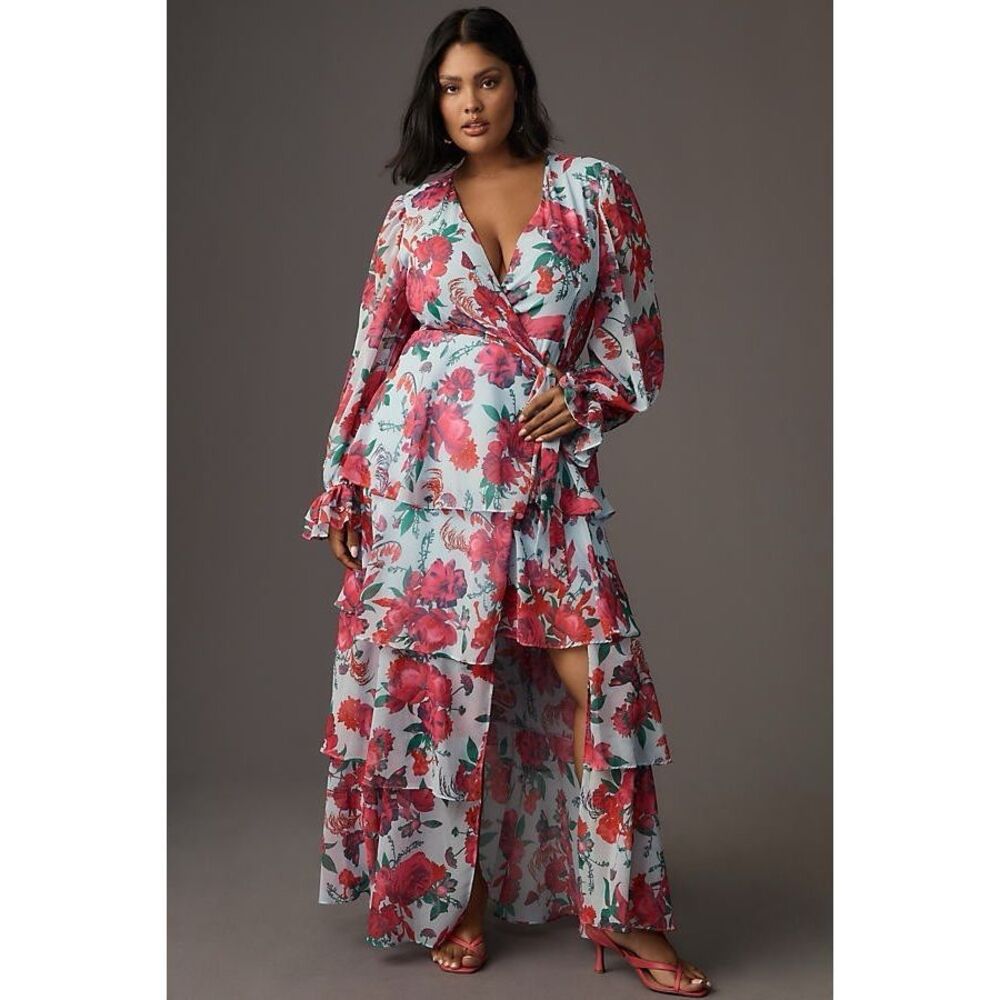 Anthropologie Floral Maxi Wrap Dress in Light Blue and Red
